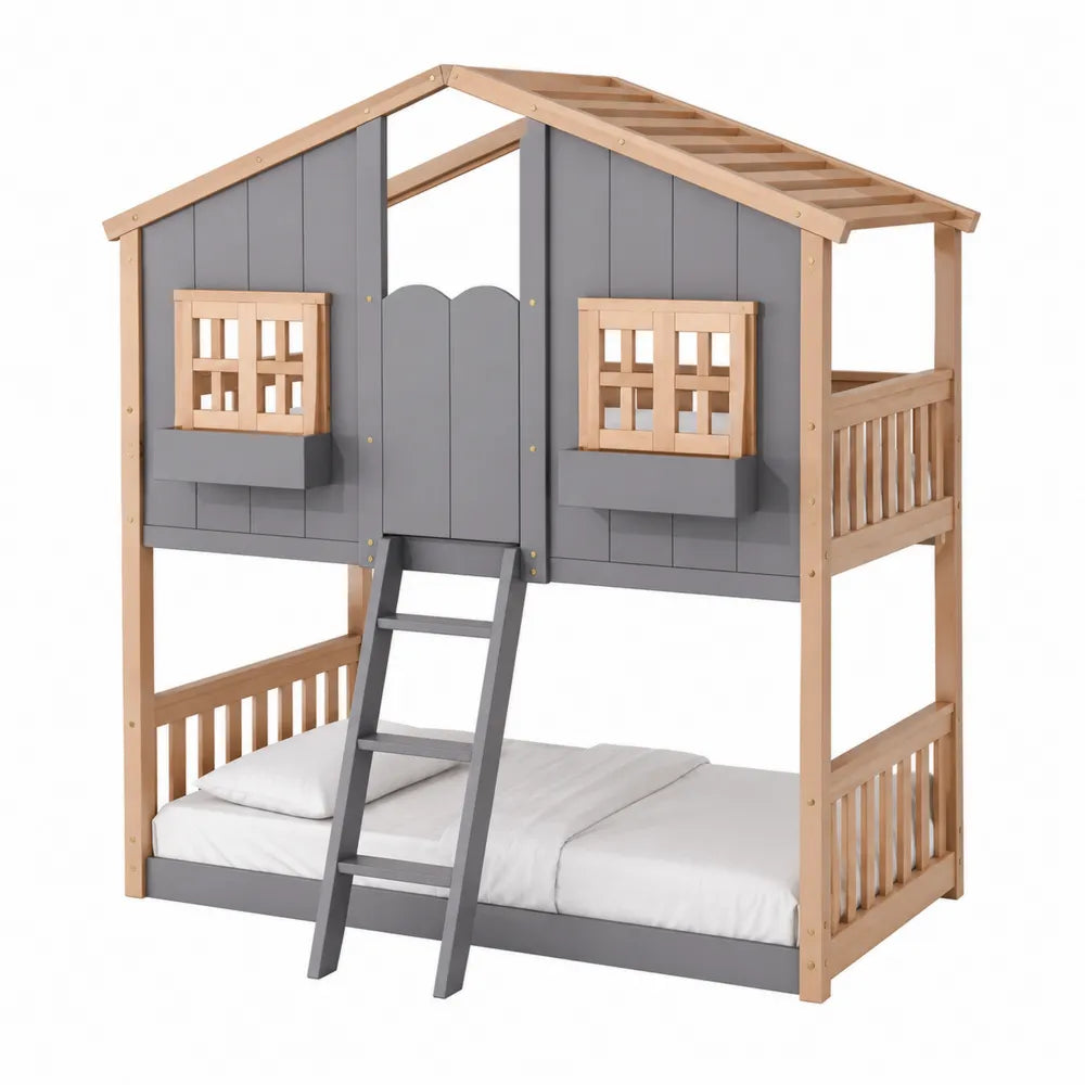 Letto a castello per bambini in legno di pino grigio e naturale