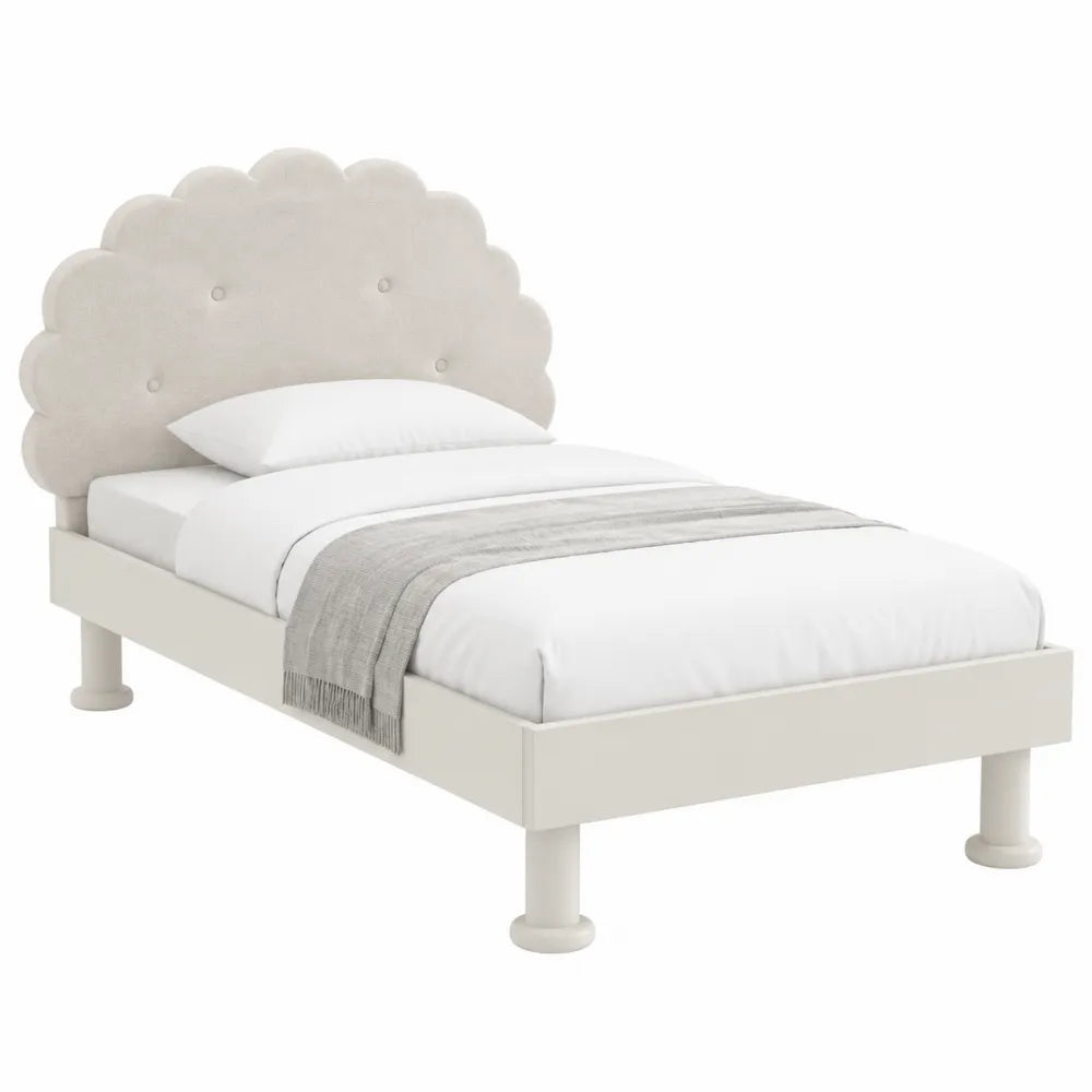 Letto singolo con testiera a forma di nuvola in legno e tessuto beige