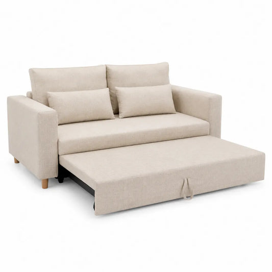 Divano Letto in Tessuto Beige con Cuscini