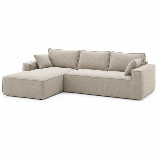 Divano ad Angolo in Tessuto Beige con Chaise Longue