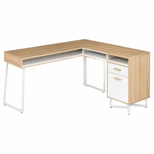 Scrivania angolare in legno MDF e metallo bianco con cassetti