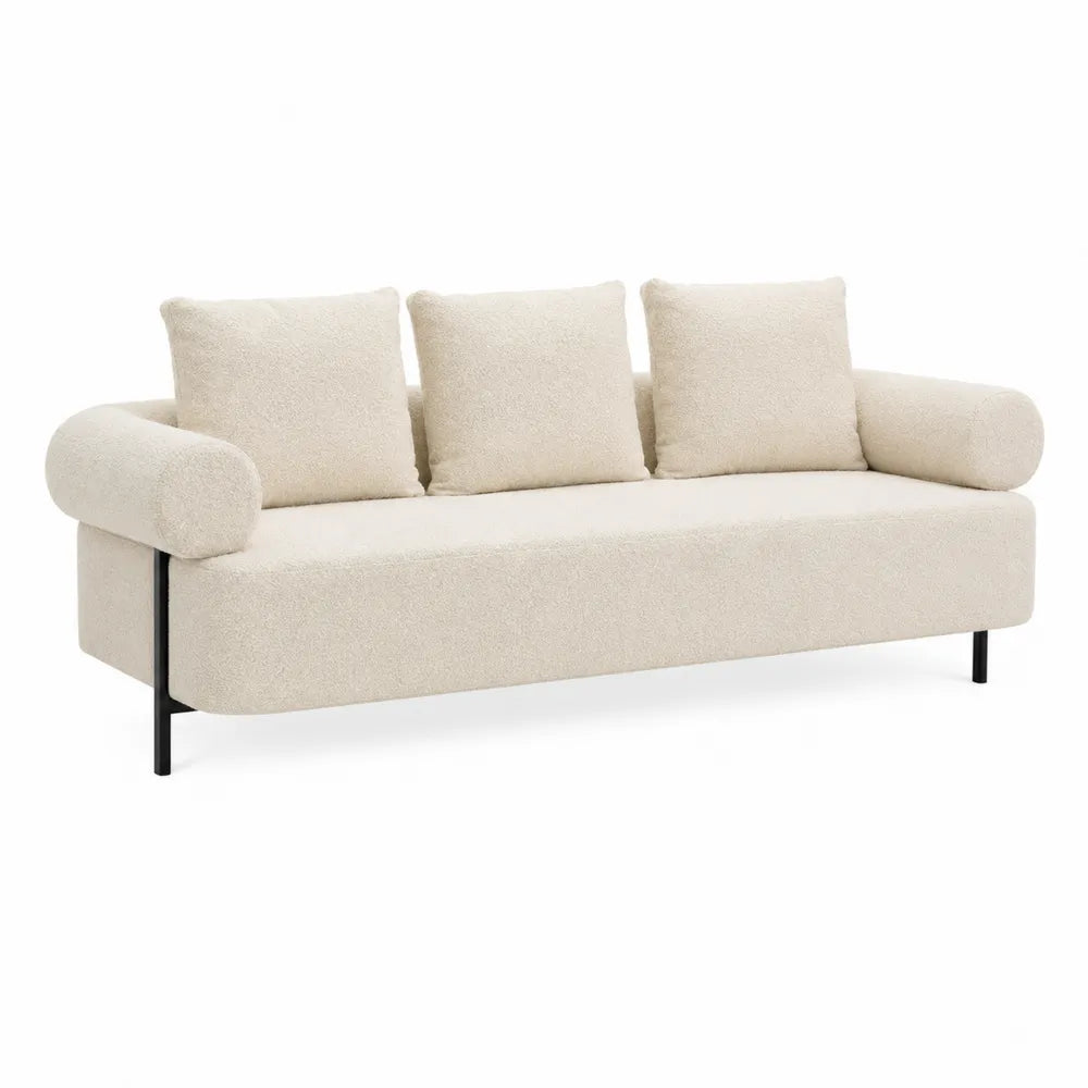 Divano a 3 posti in tessuto bouclé beige con struttura in metallo