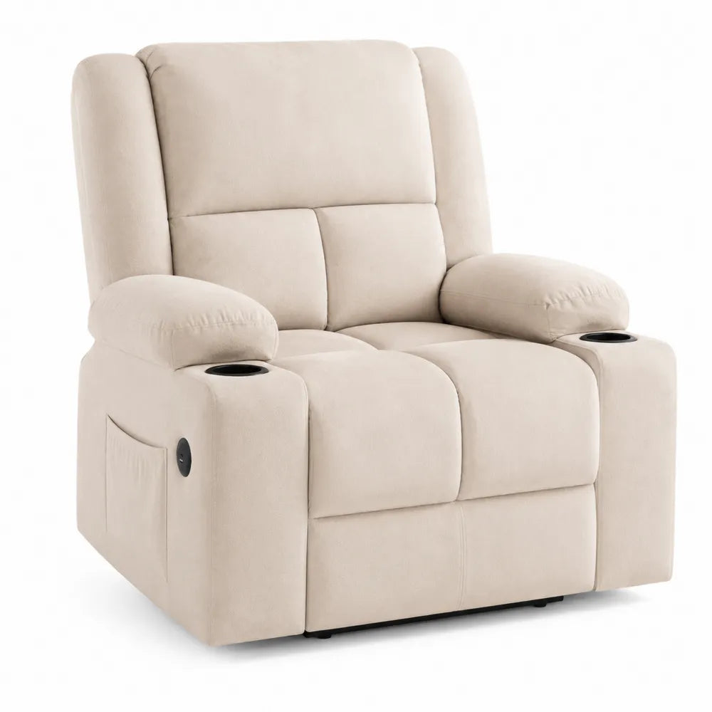 Poltrona reclinabile in microfibra beige con portabicchieri