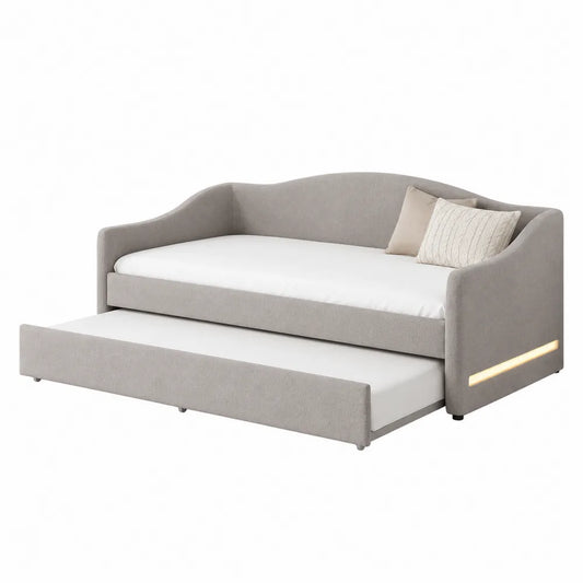 Divano letto singolo imbottito in tessuto grigio con letto estraibile